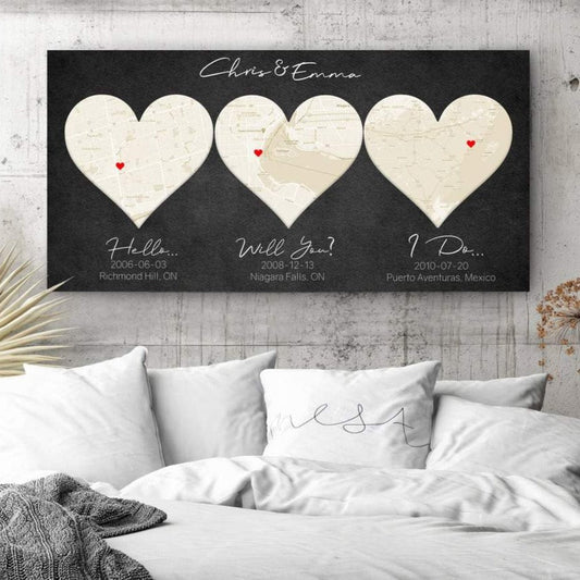 Ivory Custom 3 Heart Map - 14th Anniversary Gift