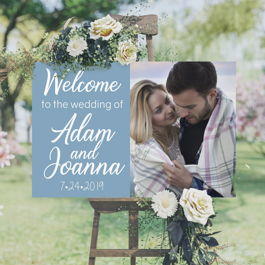 Wedding Welcome Sign - Picture and Names Blue Edition