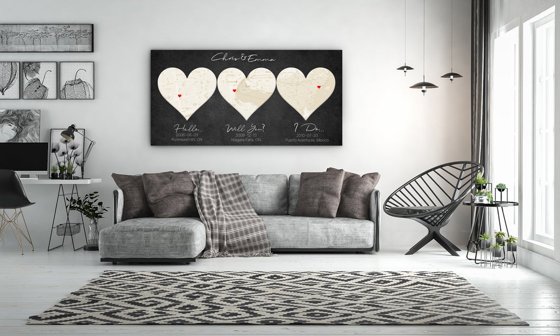 Ivory Custom 3 Heart Map - 14th Anniversary Gift
