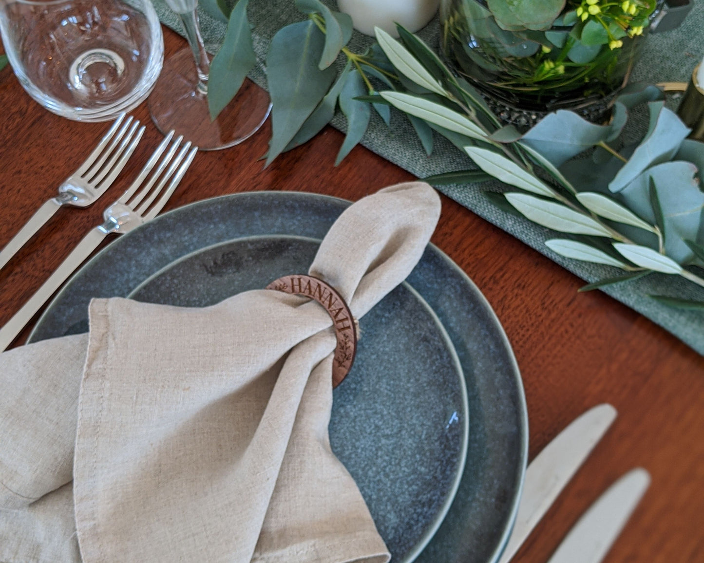 Custom Wood Napkin Rings in Walnut Shade on Rustic Wedding Table Setting 